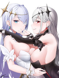 Rule 34 | 2girls, asymmetrical docking, azur lane, bare shoulders, black dress, blue eyes, breast press, breasts, chain, circlet, cleavage, closed mouth, cracked skin, cuffs, dated, detached collar, detached sleeves, dress, dual persona, earrings, emden (azur lane), flower, flower eyepatch, grey hair, hand on another&#039;s chin, highres, jewelry, large breasts, lock, long hair, long sleeves, multiple girls, nevven, padlock, parted lips, profile, red eyes, rose, shackles, short sleeves, sideways mouth, signature, simple background, smile, strapless, strapless dress, upper body, white background, white dress, white flower, white hair, white rose, wrist cuffs