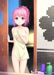Rule 34 | 1girl, bathroom, blush, breasts, collarbone, covering privates, covering breasts, cowboy shot, door, highres, light smile, long hair, looking at viewer, medium breasts, naked towel, original, pink hair, ponytail, purple eyes, shampoo bottle, solo, tile wall, tiles, towel, tucana