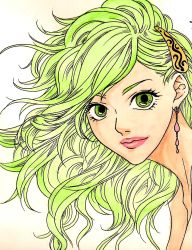 Rule 34 | 1990s (style), 1girl, aged up, bad id, bad pixiv id, colored pencil (medium), earrings, female focus, final fantasy, final fantasy iv, gradient background, green eyes, green hair, hair ornament, highres, jewelry, lipstick, long hair, makeup, matching hair/eyes, painting (medium), retro artstyle, rydia (ff4), sayococco, solo, traditional media