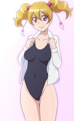 Rule 34 | 00s, 1girl, blonde hair, breasts, cowboy shot, eyelashes, fresh precure!, looking at viewer, momozono love, oimanji, one-piece swimsuit, pink eyes, precure, short hair, smile, solo, swimsuit, twintails