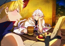 Rule 34 | 2boys, ahoge, beer mug, blonde hair, blush, claw ring, closed eyes, closed mouth, cup, earrings, fate/grand order, fate (series), gilgamesh, gilgamesh (caster) (fate), gilgamesh (fate), head rest, heeparang, jewelry, long sleeves, looking at another, male focus, merlin (fate), mug, multiple boys, night, purple eyes, robe, table, white hair, white robe