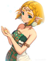Rule 34 | 1girl, blonde hair, braid, breasts, closed mouth, collarbone, commentary, crown braid, dress, earrings, facial mark, gonzarez, green dress, green eyes, highres, jewelry, medium breasts, nintendo, pointy ears, princess zelda, short hair, simple background, solo, strapless, strapless dress, teardrop facial mark, the legend of zelda, the legend of zelda: tears of the kingdom, two-tone dress, white background