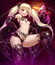 Rule 34 | 1girl, :d, armor, armpits, black gloves, black panties, black skirt, black thighhighs, black wings, blonde hair, blurry, boots, breasts, cameltoe, covered erect nipples, demon girl, depth of field, eyebrows, fang, feathered wings, gloves, hair between eyes, hair ornament, has bad revision, has downscaled revision, holding, holding weapon, jewelry, knee pads, long hair, looking at viewer, low wings, md5 mismatch, necklace, open mouth, original, over-kneehighs, panties, pasties, polearm, pubic tattoo, purple gloves, red eyes, resolution mismatch, revealing clothes, revision, skirt, skull, small breasts, smile, solo, solru, source smaller, star pasties, tattoo, thighhighs, thighs, tongue, twintails, underwear, v-shaped eyebrows, weapon, wings