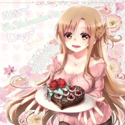 Rule 34 | 10s, 1girl, artist name, asuna (sao), bad id, bad pixiv id, bare shoulders, braid, brown eyes, brown hair, cake, food, french braid, happy, happy valentine, heart-shaped food, long hair, looking at viewer, off-shoulder, off-shoulder sweater, off shoulder, playback, smile, solo, sweater, sword art online, valentine