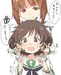 Rule 34 | 2girls, ^^^, akiyama yukari, black neckerchief, blush, brown eyes, brown hair, clenched hands, closed mouth, embarrassed, furrowed brow, girls und panzer, green sailor collar, half-closed eyes, hand in another&#039;s hair, hands up, head down, ixy, light brown hair, long sleeves, looking at another, looking at viewer, looking down, messy hair, motion lines, multiple girls, neckerchief, nishizumi miho, ooarai school uniform, open mouth, playing with another&#039;s ears, sailor collar, school uniform, serafuku, short hair, simple background, sleeve cuffs, smile, sound effects, speech bubble, sweat, tareme, tearing up, translated, trembling, uncommon stimulation, wavy hair, wavy mouth, white background