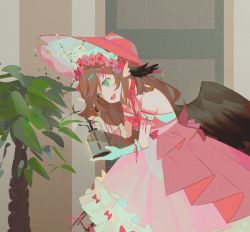 Rule 34 | 1girl, :d, animal ears, bare shoulders, bird ears, bird wings, bonnet, brown hair, commentary, commission, dress, english commentary, flower, from side, green eyes, hair flower, hair ornament, head tilt, indie virtual youtuber, kiiko 2233, magpie (vtuber), open mouth, pink dress, pink flower, pink rose, plant, potted plant, rose, skeb commission, smile, solo, virtual youtuber, watering, watering can, wings