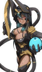 1girl arm_armor armored_bodysuit armored_gloves armored_leotard black_hair breasts cleavage_cutout clothing_cutout collared_leotard commentary_request cowboy_shot dark-skinned_female dark_skin goddess_of_victory:_nikke hair_between_eyes headgear horns indivilia_(nikke) large_breasts leotard licking_lips long_hair looking_at_viewer mechanical_horns mechanical_tail miya_(art_aefu) red_eyes simple_background solo tail tail_blade tongue tongue_out white_background