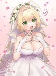 Rule 34 | 1girl, :d, absurdres, ahoge, bare shoulders, blonde hair, blush, breasts, bridal veil, cleavage, collarbone, commentary request, detached collar, dress, fate/grand order, fate (series), fingernails, flower, gradient background, green eyes, hair between eyes, hair flower, hair intakes, hair ornament, hands on own chest, heart, highres, kachin, large breasts, looking at viewer, nero claudius (bride) (fate), nero claudius (fate), nero claudius (fate) (all), open mouth, own hands together, petals, pink background, short hair, smile, solo, straddling, strapless, strapless dress, twitter username, veil, wedding dress, white dress, white flower