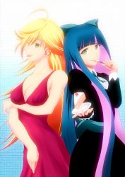Rule 34 | 10s, 2girls, ahoge, back-to-back, bare shoulders, blonde hair, bow, breasts, breasts squeezed together, cake, cleavage, dress, food, fork, green eyes, hair bow, highres, large breasts, long hair, mikage en, multicolored hair, multiple girls, panty &amp; stocking with garterbelt, panty (psg), siblings, sisters, stocking (psg), tongue, two-tone hair, very long hair