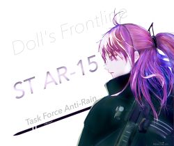 Rule 34 | 1girl, ar-15, back, black jacket, character name, closed mouth, copyright name, from side, girls&#039; frontline, gun, gun on back, hair ornament, hairclip, hetare galm sue, highres, jacket, long hair, looking at viewer, pink eyes, pink hair, ponytail, rifle, gun on back, solo, st ar-15 (girls&#039; frontline), twitter username, upper body, weapon, weapon on back, white background
