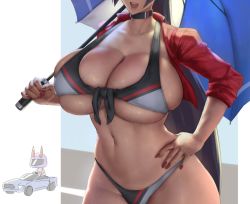 Rule 34 | 2girls, bikini, black bikini, black choker, black hair, breasts, car, chibi, chibi inset, choker, commentary, cropped jacket, curvy, eu03, fate/grand order, fate (series), front-tie bikini top, front-tie top, hand on own hip, head out of frame, horns, huge breasts, jacket, lipstick, long hair, makeup, minamoto no raikou (fate), motor vehicle, multiple girls, nail polish, navel, open clothes, open jacket, open mouth, race queen, red jacket, shuten douji (fate), skin-covered horns, skindentation, solo focus, stomach, swimsuit, symbol-only commentary, thick thighs, thighs, umbrella, underboob, undersized clothes, veins, veiny breasts, very long hair