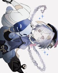 Rule 34 | 1girl, bead necklace, beads, black nails, blue shorts, braid, braided ponytail, coin hair ornament, dot nose, expressionless, frown, genshin impact, hair ornament, hat, highres, holding, jewelry, jiangshi, leggings, long hair, long sleeves, looking at viewer, necklace, ofuda, ofuda on head, purple eyes, purple hair, purple hat, purple shirt, qingdai guanmao, qiqi (genshin impact), shirt, shorts, simple background, solo, sparkle, sui (0x0 2), talisman, white background, white leggings, yin yang