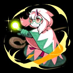 Rule 34 | 1boy, acenth, black background, cosplay, deltarune, final fantasy, glasses, gloves, goat boy, green-framed eyewear, green gloves, holding, holding staff, hooded robe, horns, magic, pointing, purple horns, ralsei, robe, smile, solo, staff, white mage (final fantasy), white mage (final fantasy) (cosplay), white robe, wide sleeves