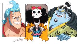 Rule 34 | 3boys, absurdres, afro, ascot, black hair, blue skin, blush, brook (one piece), colored skin, curly eyebrows, eyewear on head, facial hair, fins, fish boy, franky (one piece), goatee, grin, hand up, highres, ippaiotabe mkw, jinbe (one piece), large pectorals, laughing, long sideburns, looking at viewer, male focus, mature male, multiple boys, muscular, muscular male, one piece, outside border, pectorals, pointy ears, short hair, sideburns, skeleton, smile, spiked hair, split screen, stitches, sunglasses, tusks, undead