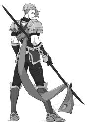 Rule 34 | 1boy, absurdres, achilles (fate), armor, carrot print, fate/grand order, fate (series), food print, full body, gauntlets, greyscale, haruakira, highres, holding, holding polearm, holding weapon, lance, looking to the side, male focus, mature male, armored boots, monochrome, polearm, sash, short hair, shoulder armor, sideburns, simple background, solo, standing, undercut, weapon