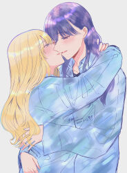 Rule 34 | 2girls, absurdres, arms around neck, blonde hair, blue shirt, blush, commentary request, dated, grey background, hands on another&#039;s back, highres, hug, kiss, long hair, long sleeves, multiple girls, noses touching, original, parted lips, pink eyes, purple eyes, purple hair, shirt, simple background, smile, twitter username, yuri, yuri kyanon
