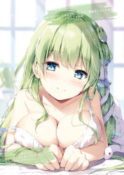 Rule 34 | 1girl, absurdres, bare shoulders, bed sheet, blue eyes, blurry, blurry background, blush, bra, breasts, cleavage, closed mouth, collarbone, day, frog hair ornament, green eyes, hair ornament, hair tubes, highres, indoors, kochiya sanae, large breasts, long hair, looking at viewer, lying, miyase mahiro, off shoulder, on stomach, plant, potted plant, shiny skin, snake hair ornament, strap slip, touhou, translation request, underwear, window