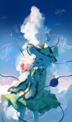 Rule 34 | 1girl, absurdres, black hat, blush, closed eyes, cloud, cloudy sky, eyeball, feet out of frame, floral print, flower, frilled shirt collar, frilled sleeves, frills, green skirt, hair between eyes, hat, hat ribbon, heart, heart of string, highres, holding, holding flower, kayon (touzoku), komeiji koishi, long sleeves, open mouth, pink flower, pink rose, pleated skirt, purple flower, purple rose, red flower, red rose, ribbon, rose, rose print, shirt, short hair, skirt, sky, smile, solo, teeth, third eye, touhou, upper teeth only, white hair, wide sleeves, yellow ribbon, yellow shirt