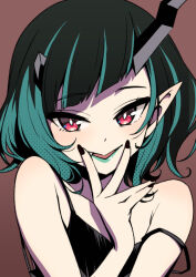 Rule 34 | 1girl, black hair, black nails, black tank top, blue hair, blue lips, blunt bangs, bright pupils, brown background, commentary request, demon girl, demon horns, diagonal bangs, fang, fingernails, heebee, horns, looking at viewer, medium bangs, medium hair, multicolored hair, nanashi inc., official alternate costume, open mouth, pointy ears, red eyes, shishio chris, shishio chris (2nd costume), simple background, smile, solo, strap slip, tank top, two-tone hair, upper body, virtual youtuber, white pupils