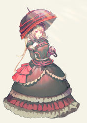 Rule 34 | 1girl, absurdres, black dress, blonde hair, bow, dress, fang, frilled dress, frills, goth fashion, gothic lolita, hair bow, hand on own chest, highres, holding, holding umbrella, lolita fashion, long hair, luviantree, open mouth, overlord (maruyama), parasol, red eyes, shalltear bloodfallen, smile, solo, umbrella, vampire