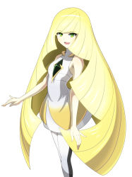 Rule 34 | 1girl, absurdres, arched back, armpit crease, bare arms, bare shoulders, blonde hair, breasts, creatures (company), diamond (shape), dress, feet out of frame, game freak, gem, gradient dress, green eyes, green gemstone, highres, long hair, lusamine (pokemon), nintendo, open mouth, pokemon, pokemon sm, short dress, shoukin500, simple background, sleeveless, sleeveless dress, small breasts, smile, solo, standing, very long hair, white background, white dress, yellow dress
