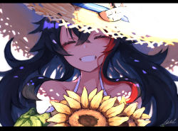 Rule 34 | 1girl, absurdres, bare shoulders, black hair, blush, collarbone, commentary request, closed eyes, flower, grin, hat, head tilt, streaked hair, highres, holding, holding flower, hololive, huge filesize, inre kemomimi, letterboxed, multicolored hair, ookami mio, red hair, shadow, signature, smile, solo, straw hat, streaked hair, sun hat, sunflower, sunlight, teeth, upper body, virtual youtuber, wavy hair