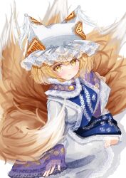 Rule 34 | 1girl, animal hat, blonde hair, blue tabard, blush, closed mouth, commentary request, dress, fox tail, hat, highres, kitsune, kyuubi, long sleeves, looking at viewer, mob cap, multiple tails, sarasadou dan, short hair, sleeves past wrists, smile, solo, tabard, tail, touhou, white dress, yakumo ran, yellow eyes