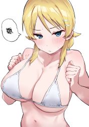 Rule 34 | 1girl, bikini, blonde hair, blush, breasts, cleavage, clenched hands, collarbone, hachimiya meguru, highres, idolmaster, idolmaster shiny colors, kobinbin, large breasts, looking at viewer, navel, simple background, solo, speech bubble, spoken squiggle, squiggle, sweat, swimsuit, upper body, v-shaped eyebrows, white background, white bikini