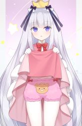 Rule 34 | 1girl, absurdres, animal print, aurora sya lis kaymin, bear print, black bow, bow, clothes lift, commentary request, crown, dress, dress lift, hair bow, highres, kagami (kgmgts), lifted by self, long hair, looking at viewer, maou-jou de oyasumi, mini crown, parted lips, pink dress, purple eyes, red bow, silver hair, smile, solo, standing, star (symbol), star in eye, symbol in eye, teddy demon, underwear, very long hair
