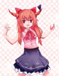 Rule 34 | 1girl, bow, breasts, brown horns, buttons, checkered background, commentary, cookie (touhou), cowboy shot, hair bow, horn ornament, horn ribbon, horns, ibuki suika, japanese goblin (meme), long hair, looking at viewer, medium bangs, meme, open mouth, orange hair, pink shirt, purple ribbon, purple skirt, red bow, red eyes, ribbon, shirt, skirt, sleeveless, sleeveless shirt, small breasts, smile, solo, sparseseethe, touhou, yamin (cookie)