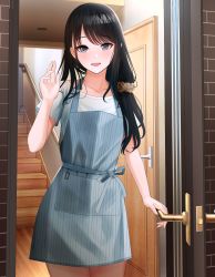 Rule 34 | 1girl, :d, aged up, apron, black eyes, black hair, blue apron, blush, collarbone, cowboy shot, door, doorway, hair ornament, hair over shoulder, hair scrunchie, highres, idolmaster, idolmaster shiny colors, kazano hiori, long hair, looking at viewer, low ponytail, mature female, open mouth, pov doorway, scrunchie, shirt, short sleeves, smile, solo, stairs, striped apron, striped clothes, swept bangs, turisasu, vertical-striped apron, vertical-striped clothes, waving, white shirt