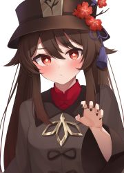 Rule 34 | 1girl, black headwear, blush, brown hair, flower, genshin impact, hat, hat flower, highres, hu tao (genshin impact), jewelry, long hair, looking at viewer, nail polish, red eyes, ring, simple background, symbol-shaped pupils, top hat, tsubaki 0317, twintails, upper body, white background