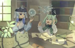 Rule 34 | 2girls, ahoge, animal ear fluff, animal ears, beret, blue eyes, blue hair, blurry, blurry background, blurry foreground, book, book stack, bookshelf, capelet, cat, cat ears, colored tips, ekomori eko, fang, fantasy, feather hair ornament, feathers, green hair, green hat, hair ornament, hat, highres, indoors, inkwell, jitome, light blue hair, long sleeves, looking up, magic, multicolored hair, multiple girls, nervous sweating, open mouth, original, plant, potted plant, quill, sash, sweat, table, water, window shadow, worried