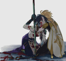 Rule 34 | 2boys, aether (genshin impact), ahoge, arm guards, arm tattoo, bare shoulders, bead necklace, beads, black hair, blonde hair, blood, blood on clothes, blood on face, blood splatter, blood stain, bloody weapon, braid, braided ponytail, broken, broken mask, covered mouth, detached sleeves, facial mark, forehead mark, from behind, genshin impact, gloves, green gloves, green hair, holding, holding polearm, holding spear, holding weapon, hug, jewelry, kneeling, long hair, maka (morphine), male focus, mask, multicolored hair, multiple boys, necklace, parted bangs, polearm, shoulder pads, shoulder spikes, simple background, sleeveless, spear, spikes, tassel, tattoo, weapon, white background, xiao (genshin impact), yellow eyes
