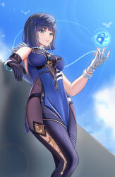Rule 34 | 1girl, aqua eyes, asymmetrical gloves, bare shoulders, black gloves, black pants, blue dress, blue hair, blue sky, blunt bangs, breasts, commentary, day, dealesis, dice, dress, english commentary, feet out of frame, fingerless gloves, genshin impact, gloves, grin, highres, large breasts, leggings, looking at viewer, mismatched gloves, outdoors, pants, parted lips, short dress, short hair, sky, sleeveless, sleeveless dress, smile, solo, standing, thighs, white gloves, yelan (genshin impact)