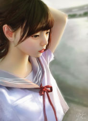 Rule 34 | 1girl, arm up, artist name, black hair, blurry, blurry background, commentary, day, english commentary, geo siador, grey sailor collar, highres, neck ribbon, original, outdoors, realistic, red ribbon, ribbon, sailor collar, shirt, short sleeves, signature, solo, white shirt