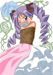 Rule 34 | 00s, 1girl, bare shoulders, bdsm, blue eyes, blush, bondage, bound, bow, daikinbakuju, dress, drill hair, eyebrows, female focus, floral background, flower, gag, gagged, gown, hair bow, hair ornament, highres, hiiragi kagami, improvised gag, long dress, long hair, looking at viewer, lucky star, one eye closed, purple hair, rope, rose, solo, tape, tape gag, twin drills, twintails