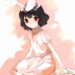 Rule 34 | 1girl, animal ears, black hair, bobby socks, carrot necklace, female focus, inaba tewi, jewelry, looking at viewer, necklace, pink skirt, puffy sleeves, rabbit ears, red eyes, short hair, simple background, sitting, sketch, skirt, smile, socks, solo, touhou, white socks, xero