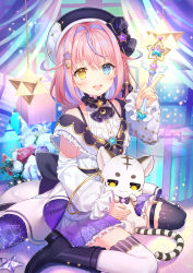 Rule 34 | 1girl, asymmetrical legwear, bare shoulders, black footwear, black hat, blue eyes, braid, commentary request, constellation print, hair ornament, happy birthday, hat, heterochromia, highres, holding, holding wand, kurumizawa momo (noripro), looking at viewer, magical girl, mismatched legwear, multicolored clothes, multicolored hat, noripro, okanoyuno, open mouth, pink hair, sitting, solo, star (symbol), star in eye, symbol in eye, thigh strap, thighhighs, virtual youtuber, wand, wariza, yellow eyes, zettai ryouiki