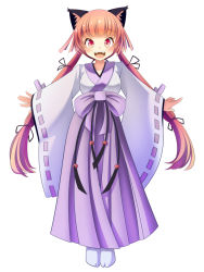 Rule 34 | 1girl, alternate costume, alternate hairstyle, animal ears, bad id, bad pixiv id, cat ears, fangs, hair ribbon, hakama, hakama skirt, japanese clothes, kaenbyou rin, long hair, long sleeves, oimo (imoyoukan), open mouth, outstretched arms, red eyes, red hair, ribbon, ribbon-trimmed sleeves, ribbon trim, sash, skirt, smile, solo, touhou, twintails, very long hair, wide sleeves