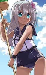 Rule 34 | 1girl, bare shoulders, blue eyes, blue sky, blush, bracelet, breasts, broom, closed mouth, cloud, collarbone, commentary request, crop top, day, flower, gin (shioyude), gluteal fold, hair between eyes, hair flower, hair ornament, holding, holding broom, jewelry, kantai collection, long hair, looking at viewer, one-piece swimsuit, one-piece tan, outdoors, ro-500 (kancolle), sailor collar, school swimsuit, sky, smile, solo, standing, swimsuit, swimsuit under clothes, tan, tanline, white hair
