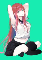 Rule 34 | 1girl, absurdres, arms behind back, black skirt, darling in the franxx, green background, green eyes, highres, horns, indian style, long hair, midriff, mike.zen, navel, pink hair, sitting, skirt, solo, zero two (darling in the franxx)