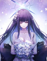Rule 34 | 1girl, absurdres, blue archive, blue halo, bouquet, breasts, choker, cleavage, colored inner hair, dress, elbow gloves, flower, gloves, halo, highres, holding, holding bouquet, large breasts, multicolored hair, official alternate costume, saori (blue archive), saori (dress) (blue archive), saya kuroha, solo, strapless, strapless dress, upper body, white choker, white dress, white gloves