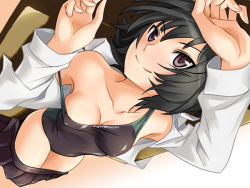 Rule 34 | 1girl, amagami, black hair, breasts, cleavage, competition swimsuit, dutch angle, covered erect nipples, lying, nanasaki ai, one-piece swimsuit, open clothes, open shirt, school uniform, shirt, short hair, smile, solo, strap slip, swimsuit, tonoimo, undressing