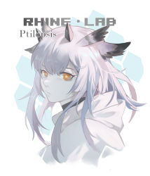 Rule 34 | 1girl, absurdres, arknights, bright pupils, character name, coat, highres, honeycomb (pattern), honeycomb background, looking to the side, narakuuu, nose, orange eyes, owl ears, patterned background, portrait, pouty lips, ptilopsis (arknights), rhine lab (arknights), simple background, solo, white coat, white hair