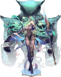 Rule 34 | ark order, black legwear, bodystocking, book, boots, cthaat (ark order), cthulhu mythos, ear piercing, earrings, elbow gloves, extra teeth, gloves, hand on own head, highres, horns, ink, jewelry, leotard, long hair, looking at viewer, magic circle, necklace, official art, piercing, pointy ears, purple footwear, purple leotard, purple vest, single boot, single thigh boot, staff, tachi-e, tentacles, thigh boots, thighhighs, transparent background, very long hair, vest, water, you ni ge shaobing