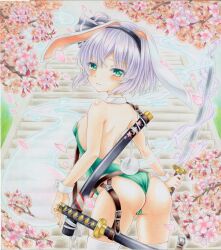 Rule 34 | 1girl, animal ears, ass, black hairband, breasts, cherry blossoms, closed mouth, cowboy shot, easter, from behind, ghost, green eyes, green leotard, grey hair, hairband, konpaku youmu, konpaku youmu (ghost), leotard, looking at viewer, looking back, marker (medium), multiple swords, outdoors, playboy bunny, rabbit ears, rabbit tail, short hair, small breasts, solo, stairs, sword, sword behind back, tail, thighhighs, touhou, traditional media, wassmint, weapon, white thighhighs
