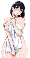 Rule 34 | 1girl, bad id, bad pixiv id, bare shoulders, black hair, blue eyes, blush, breasts, covering privates, curvy, highres, huge breasts, looking at viewer, mole, mole under eye, momozukuku, naked towel, nude cover, original, parted lips, short hair, simple background, solo, towel, wet, white background, wide hips