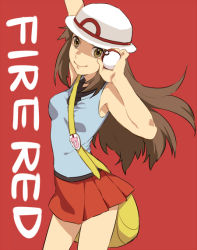 Rule 34 | 00s, 1girl, arm up, armpits, bag, bare arms, bare legs, bare shoulders, between breasts, breasts, brown eyes, brown hair, copyright name, cowboy shot, creatures (company), game freak, hat, head tilt, holding, holding poke ball, holding up, leaf (pokemon), long hair, looking at viewer, maruishi, medium breasts, messenger bag, miniskirt, nintendo, outstretched arm, pleated skirt, poke ball, pokemon, pokemon frlg, porkpie hat, red background, shirt, shoulder bag, sidelocks, simple background, skirt, sleeveless, sleeveless shirt, smile, solo, standing, strap between breasts