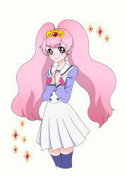Rule 34 | 1girl, :3, blue thighhighs, blush, earrings, go! princess precure, heart, heart earrings, highres, jewelry, long hair, looking at viewer, multicolored eyes, natsu (monatsu), personification, pink eyes, pink hair, pointy ears, precure, puff (go! princess precure), puff (go! princess precure) (human), purple eyes, school uniform, smile, solo, thighhighs, tiara, twintails, very long hair, zettai ryouiki